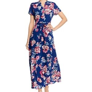 Nanette Lapore blue floral short sleeve tie waist maxi dress 10